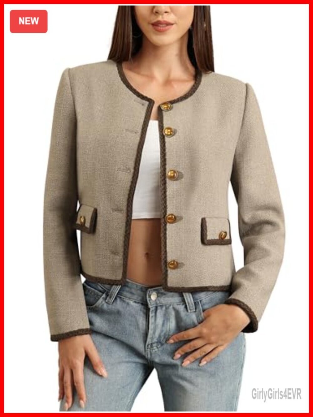 Cropped Tweed Blazer with Pockets, Collarless Jacket, Golden Button